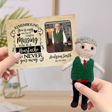 Load image into Gallery viewer, Personalized Crochet Doll from Photo Gifts Handmade Look alike Dolls with Custom Name and Date Memorial Card
