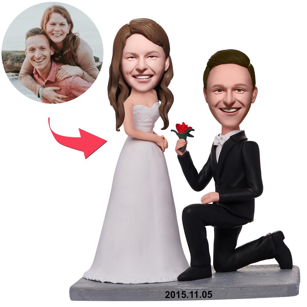 Kneel Down On One Knee To Propose Couple Custom Bobblehead With Engraved Text