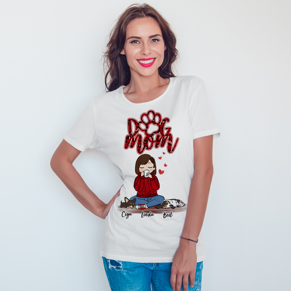 Personalized T-Shirt Dog Mom Red Pattern Chibi Girl Mother's Day Gift