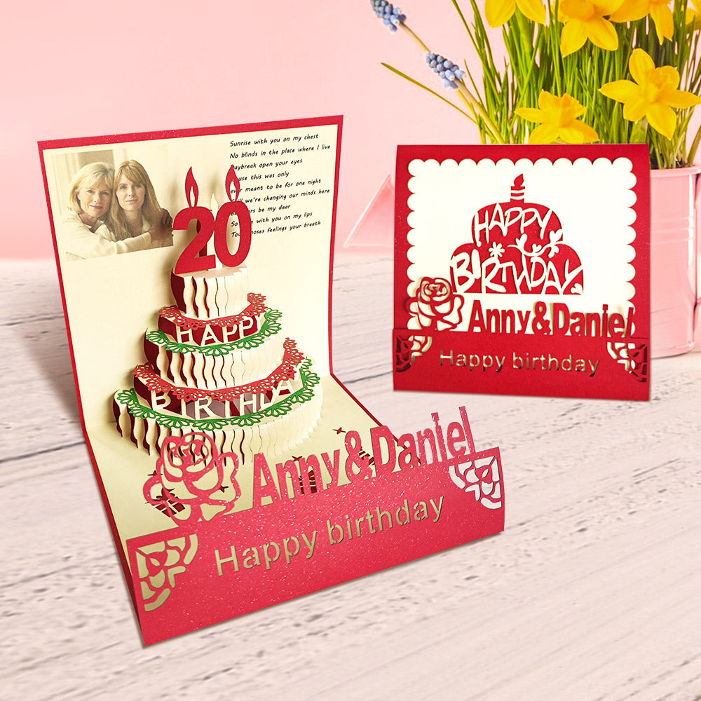Custom Photo 3D Pop Up Birthday Cards Personalized Age Led Light Birthday Cake Music Happy Birthday Pop Up Greeting Card